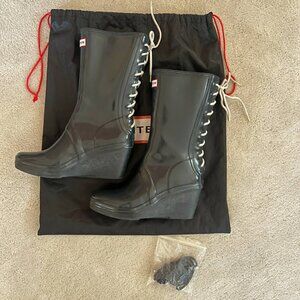 Hunter Shoes | Hunter Verbier Wedge Heel Rain Boots US 8 Navy Blue White Lace-Up